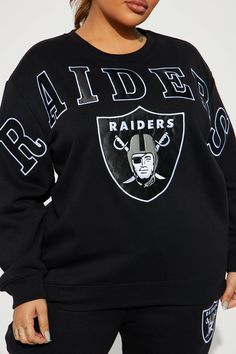 Available In Black. Crew Neck Sweatshirt Long Sleeve Front And Back Screen Ribbed Hem Disclaimer: Due To The Printing Process A Difference In Saturation May Occur. Each Garment Is Unique. 60% Cotton 40% Polyester Imported | Raiders Crew Neck Sweatshirt in Black size Medium by Fashion Nova Fall Season Black Top For Sports Fans, Black Tops With Ribbed Cuffs For Game Day, Black Fall Fan Gear Sweatshirt, Black Long Sleeve Sweatshirt For Game Day, Black Long Sleeve Sweatshirt For Fan Gear, Black Varsity Tops With Ribbed Cuffs, Black Graphic Print Sweatshirt For Game Day, Black Crew Neck Sweatshirt For Fan Gear, Sweatshirt Print