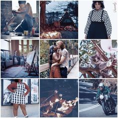 a collage of photos with different people and things in the background, including a woman on a motorcycle