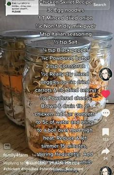 two jars filled with food sitting on top of a wooden table next to each other