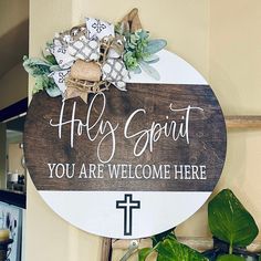 Holly Spirit You Are Welcome Here - This sign measures 18 inches on Baltic Birch Wood - This sign is painted on the front and back with satin outdoor paint for protection        from the elements.        - Hanger comes with burlap hanger on back for hanging and is reinforced.     - This Hanger comes with felt pads on the back to protect your door.  -  This sign weighs approximately 4-5 pounds -   The words on this sign are made of expensive permanent outdoor vinyl. ** All signs are sealed and ar Welcome Door Sign, Artsy Girl, Outdoor Welcome Sign, Welcome Door Signs, Wooden Wreaths, Porch Welcome Sign, Round Wood Sign, Wood Door Hangers