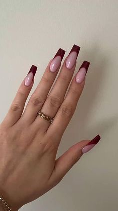 Burgundy Inspired Nails, Burgundy Long Acrylic Nails, Nails Latina Red, Senora Nails, French Tip Acrylic Nails Burgundy, Call Acrylic Nail Designs, Burgundy Nail French Tip, Prom Burgundy Nails, Burgundy Red French Tip Nails