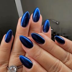 long nails, almond nails, metallic blue nails, royal blue nails, dark blue nails Blue Nails Dark, Chrime Nails, Nails Royal Blue, Blue Almond Nails, Nails Dark Blue, Metallic Blue Nails, Long Nails Almond, Nails Metallic