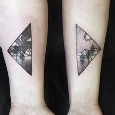 two people with matching tattoos on their arms, one has a triangle and the other has trees