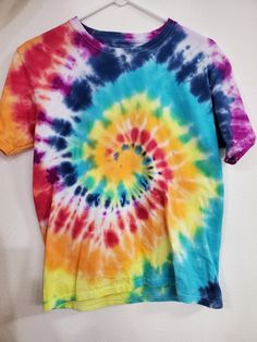 Rainbow Tie dye shirt, Homemade T-shirt Summer Tie-dye Cotton Shirt, Tie-dye Cotton T-shirt For Spring, Spring Tie-dye Cotton T-shirt, Hand Dyed Graphic Tee For Spring, Spring Graphic Tee Hand Dyed, Multicolor Hand Dyed Tops For Summer, Tie Dye Crew Neck Graphic Tee Shirt, Bleached Multicolor Graphic Tee, Multicolor Soft-washed Graphic Tee