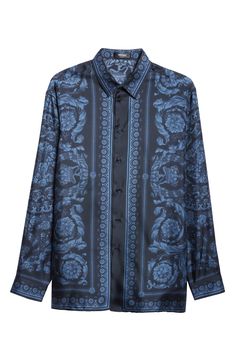 Ornate filigree brings Versace's quintessential baroque glamour to a shirt crafted in Italy from polished silk. 30" length (size 38 US / 48 EU) Front button closure Point collar Long sleeves with button cuffs 100% silk Dry clean Made in Italy Designer Clothing Designer Blue Shirt For Formal Occasions, Luxury Formal Baroque Print Tops, Designer Blue Formal Blouse, Designer Formal Tops With Baroque Print, Designer Baroque Print Tops For Formal Occasions, Silk Long Sleeve Top With Baroque Print, Luxury Formal Shirt With Baroque Print, Luxury Blue Formal Blouse, Luxury Baroque Print Formal Shirt