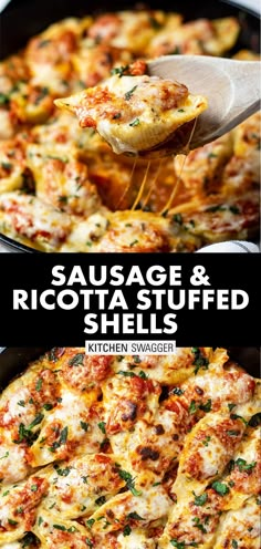 sausage and ricotta stuffed shells in a cast iron skillet