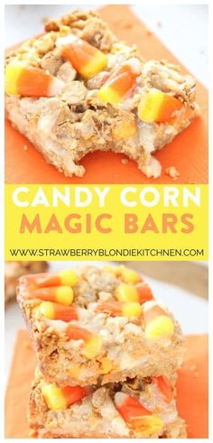 candy corn magic bars are stacked on top of each other, with the title above it