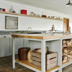 a kitchen with lots of wood stacked on top of it's counter tops and shelves