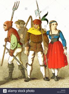 three people dressed in medieval clothing, one holding a pitchfork and the other standing behind them