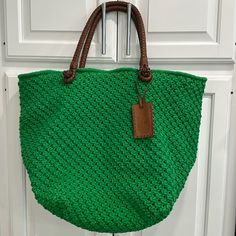 New But No Tags, Never Worn Dust Bag Included Braided Leather Handles Canvas Lined Interior With Zipper On One Side And Snap Pocket On The Other Green Woven Crochet Bag For Shopping, Green Handwoven Crochet Bag For Shopping, Green Handwoven Crochet Shopping Bag, Green Crochet Tote Bag With Leather Handles, Green Crochet Travel Bag With Braided Handles, Green Crochet Bag With Braided Handles For Travel, Green Woven Leather Beach Bag, Ralph Lauren Tote, Ralph Lauren Bags