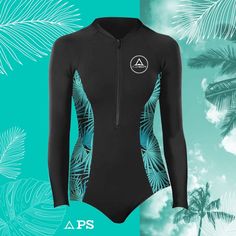 a wetsuit with palm leaves on it and the words aps written in white