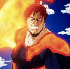 an anime character with red hair and blue eyes, standing in front of a blazing sky