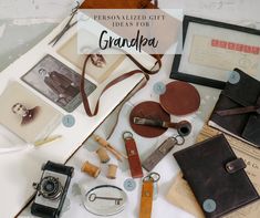 an assortment of personal items displayed on a table with text overlay that says personalized gift ideas for grandpa