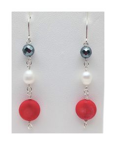 A great combo of faceted Hematite, a beautiful white pearl, and add a red coin-shaped Coral create the perfect earrings. These treasures are 2 3/8" X 7/16". ONLY ONE so catch it quick! Red Round Pearl Drop Earrings, Red Pearl Drop Round Earrings, Red Pearl Drop Earrings, Handmade Red Round Pearl Earrings, Handmade Red Pearl Earrings, Red Faceted Beads Round Earrings, Coral Earrings, Jewelry Creation, White Pearl