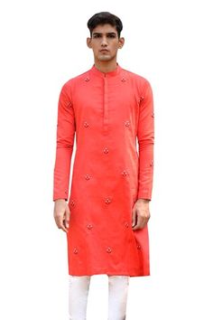 Red kurta with resham, cutdana, zardozi, pearl embroidery in hibiscus pattern. Paired with churidar. - Aza Fashions Transitional Red Kurta With Dori Work, Red Raw Silk Kurta With Dori Work, Red Dori Work Kurta For Eid, Ceremonial Kurta With Gota Work For Diwali, Red Eid Kurta With Dori Work, Red Sherwani With Dori Work For Diwali, Traditional Red Kurta With Dori Work, Red Dori Work Sherwani For Festivals, Red Sherwani With Dori Work For Festivals