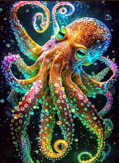 an octopus with colorful bubbles floating in the air