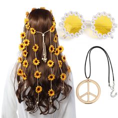 PRICES MAY VARY. 70s HIPPIE COSTUME SET - It comes with a hippie flower headband, a gold peace sign, and daisy sunglasses. Perfect for women and girls GOLD PEACE SIGN - The peace sign comes with a buckle leather string. Special design and unique structure. Popular at the 60s and 70s costume parties VINTAGE DAISY SUNGLASSES - Hippie daisy sunglasses imitates the fashion of the time to be a special costume accessory. Each lens on these colored specs stays looking new and chic, lightweight and comf Gardener Costume Women, 70 Costume Ideas 1970s 70s Party, Hippy Halloween Costumes For Women, Woodstock Inspired Outfits, Hippy Costume Ideas, Hippy Makeup Halloween, Element Halloween Costume, 70s Costume Ideas For Women, Diy Hippie Costume For Women