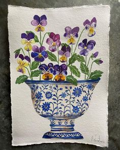 a painting of pansies in a blue and white vase on a stone surface,