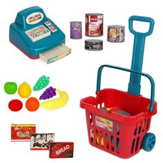 an assortment of toys including a shopping cart and candy