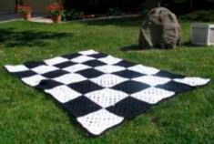 a black and white checkered rug sitting on top of a grass covered field next to a dog