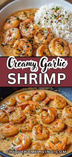 creamy garlic shrimp with white rice and garnish