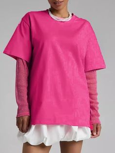 False Two Loose See-Through Split-Joint Sun Protection Round-Neck T-Shirts Trendy Solid T-shirt With Shirttail Hem, Trendy Solid Color T-shirt With Shirttail Hem, Pink Short Sleeve Solid Color Top, Stretch Crew Neck Shirt In Solid Color, Trendy Solid Color Crew Neck T-shirt, Oversized Pink Plain Tops, Trendy Pink Solid Color T-shirt, Trendy Pink T-shirt Solid Color, Oversized Solid T-shirt With Shirttail Hem