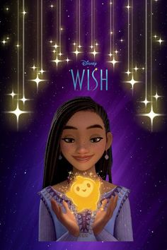 an animated girl holding a star in her hands with the words, disney's wish