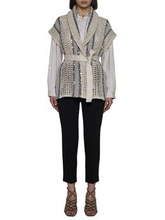 55% Jute, 35% Cotton, 10% Polyamide Sequins: 100% Polyester 2 yarn: 54% Polyamide, 23% Cotton, 23% Polyester 3 yarn: 70% Linen, 30% Silk Luxury Spring Cardigan For Workwear, Luxury Spring Cardigan For Work, Luxury Spring Cardigan, Spring Workwear Cardigan With Shawl Collar, Luxury Spring Sweater For Workwear, Spring Workwear Shawl Collar Cardigan, Spring Shawl Collar Cardigan For Work, Elegant Knit Outerwear For Spring, Chunky Knit Vest