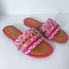 Bamboo Pink Multi-Color Boho Embellished Sandals * Soft Insoles * Slip On Spring Beaded Sandals With Flat Heel, Spring Beaded Flat Sandals, Flat Synthetic Sandals With Beaded Details, Summer Bohemian Embellished Sandals, Pink Embellished Synthetic Sandals, Bohemian Embellished Sandals For Summer, Spring Embellished Pink Sandals, Bohemian Flat Synthetic Sandals, Casual Embellished Sandals For Beach Season