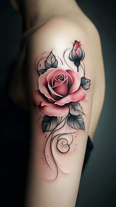 a woman's arm with a rose tattoo on the left side of her body