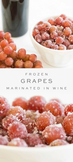 frozen grapes in a white bowl next to a glass of wine and a bottle of wine