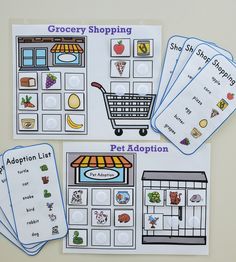 four cards with pictures of grocery shops and shopping carts