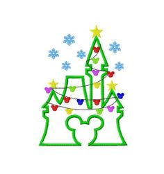 a drawing of a castle with christmas lights on it's roof and mickey mouse ears at the top