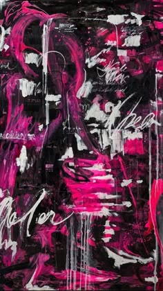 an abstract painting with pink and black colors