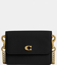 From COACH&#x2C; the Essential Half Flap Card Case features:Polished pebble leatherOne credit card slotSnap closure&#x2C; leather liningOutside slip pocketDetachable chain strap withan approx. 21" drop for shoulder or crossbody wearApprox. 4'' L x 3'' H x 1'' WImported. Coach Half Flap Card Case, Luxury Coach Evening Wallet On Chain, Luxury Coach Wallets For Formal Occasions, Coach Leather Wallet On Chain For Everyday Use, Classic Coach Leather Coin Purse, Coach Leather Trifold Wallet With Card Slots, Coach Leather Rectangular Trifold Wallet, Coach Black Rectangular Trifold Wallet, Coach Black Trifold Wallet With Card Slots