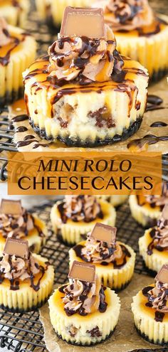 mini rolo cheesecakes with chocolate and caramel drizzle on top