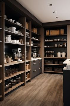 a large kitchen with lots of shelves filled with pots and pans