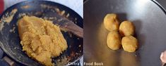 there are two pictures of food being cooked in the same pan and then frying