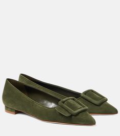 Maysalepumpflat suede ballet flats in green - Manolo Blahnik | Mytheresa Green Manolo Blahnik, Manolo Blahnik Shoes Flats, Minimal Shoes, Mid Heels Pumps, Suede Ballet Flats, Mid Heel Sandals, Designer Flats, Designer Pumps, Manolo Blahnik Shoes