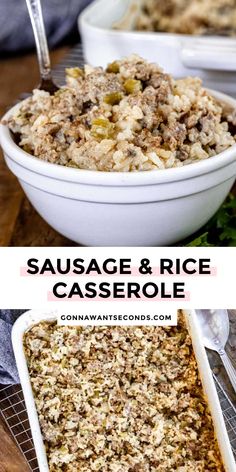 sausage and rice casserole in a white dish