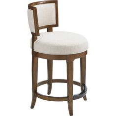 an upholstered wooden bar stool with a white fabric seat and backrests