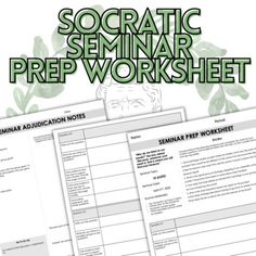 two worksheets with the text socratic seminar prep worksheet on them