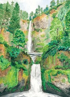 a painting of a waterfall in the woods