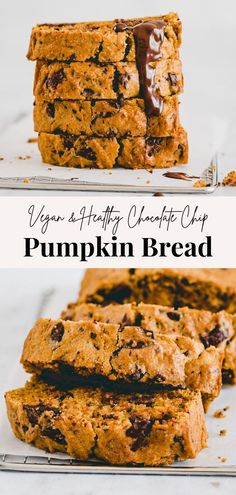 vegan and healthy chocolate chip pumpkin bread on a cooling rack with text overlay