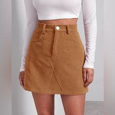 New Shein Corduroy Mini Skirt Large 3 For $30 Bundle!!! Never Worn New Without Tags Size: Large 6/8 Color: Camel Style: Casual Pattern Type: Stripe Details: Zipper, Button Type: Straight Waist Line: Mid Fabric: No Stretch Material: Polyester Bundle And Save More !!! Haut Transparent, Cord Skirt, Mein Style, Corduroy Skirt, Plaid Skirts, Looks Vintage, Pink Fashion, Winter Women, Online Womens Clothing