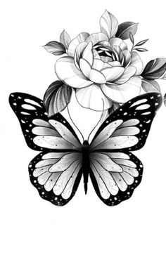 a black and white drawing of a butterfly with a rose on it