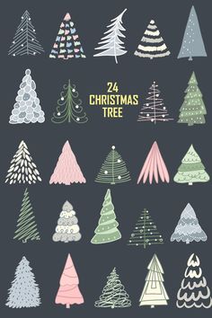 christmas trees are shown in different colors and sizes, with the words 24 christmas tree written on