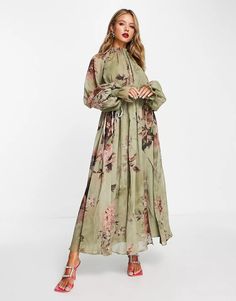 ASOS DESIGN high neck midi dress with channel detail in large scale floral | ASOS Elegant High Neck Maxi Dress For Spring, High Neck Midi Dress For Spring, Spring High Neck Midi Dress, Chic Spring High-neck Maxi Dress, High Neck Green Dress For Spring, Green High Neck Spring Dress, High Neck Midi Dress, Floral Trends, Large Scale Floral