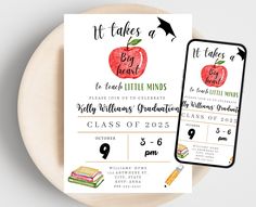 an apple and book themed graduation party with the text it takes a big heart to teach little minds