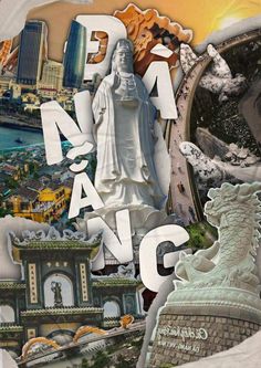 the collage is made up of many different things including a statue, buildings and water